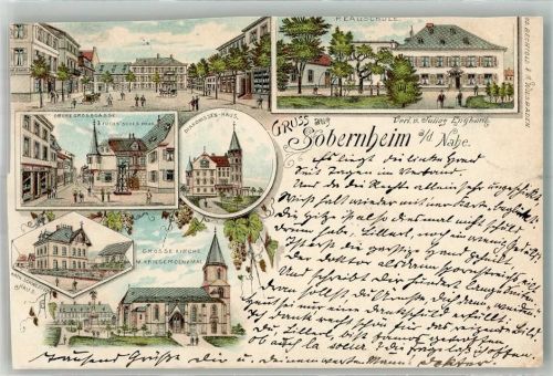Bad Sobernheim 1897 Kirche Kriegerdenkmal Grossgasse Realschule Adelskorrespondenz Lithographie beschnitten