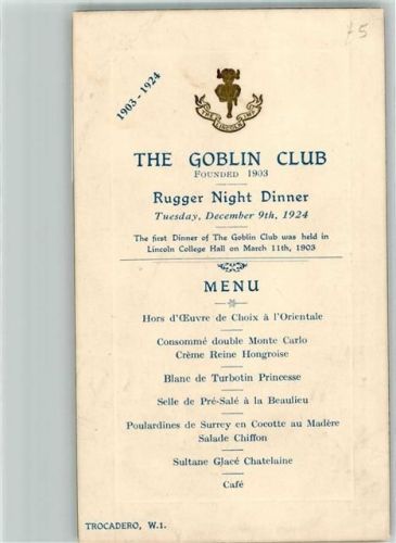 1924 The Gobelin Club Rugger Night Dinner Menükarte