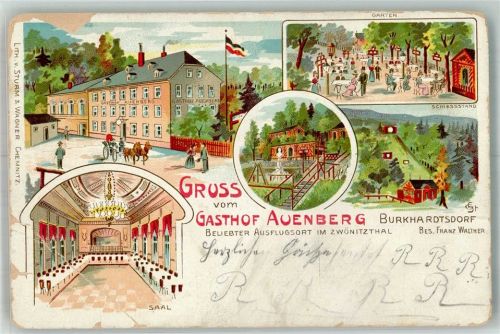 Burkhardtsdorf 1903 Lithographie Gasthaus Auenberg Saal Garten Schiessstand Zwönitztal