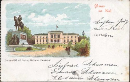 1899 Kiel, Universität mit Kaiser Wilhelm-Denkmal, Pferd, Flagge AKU2