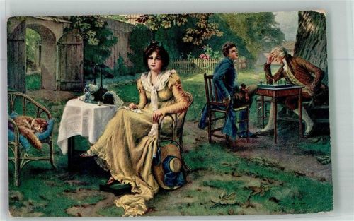 Frau beim Nähen, Katze , Männer beim Schachspielen sign. Koch