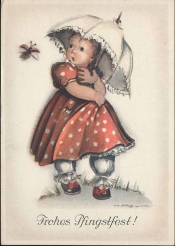 um 1930/40 -Frohes Pfingstfest-, kleines Mädchen mit Schirm, Maikäfer, Künstler-AK,sign. Hilla Peyk AKU2