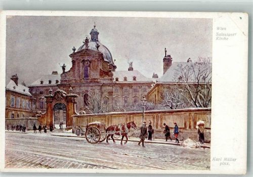 Wien 1942 sign. Müller, K. Salesianerkirche im Winter Künstlerkarte Wiener Kunst