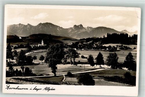 Bernbeuren 1940 Panorama des Ortes mit Pfarrkirche St. Nikolaus und Allgäuer Alpen Fotograf Bromberger