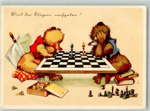 1942 sign. Salac Vermenschlichte Bären beim Schachspiel Künstlerkarte