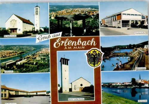 Erlenbach Kirche, Frankenhalle, Schwimmbad, Schule, Mainpartie