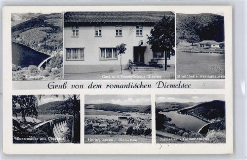 Diemelsee Landpoststempel, Gasthaus, Pension Giesing, Strandhalle Heringhausen, Sperrmauer