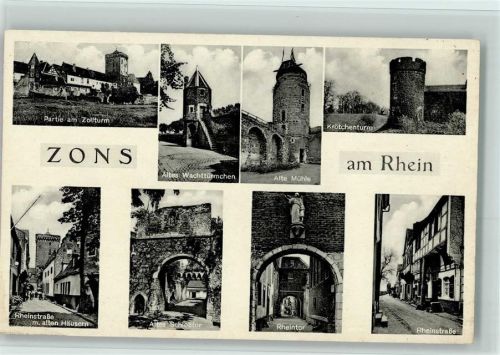 Zons Partie am Zollturm Altes Wachtürmchen Krötchenturm Rheinstraße mit alten Häusern Altes Schloßtor Rheintor