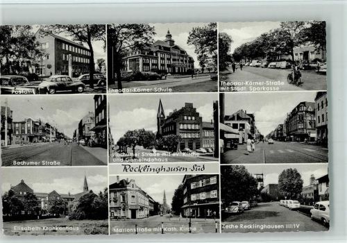Recklinghausen Postamt Theodor-Körner-Schule Theodor-Körner-Straße mit Städt. Sparkasse Bochumer Straße Evangel. Kirche Gemeindehaus Elisabeth-Krankenhaus Marienstraße Kath. Kirche Zeche Recklinghausen III IV