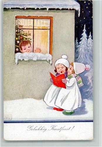 Gelukkig Kerstfeest - Beleuchtetes Fenster mit einem Weihnachtsbaum , Kinder singen draußen AK