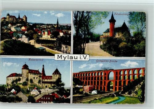 08499 O9803 Mylau - Kaiserschloß Felsenschänke Göltzschtalbrücke 4-Bildaufnahme