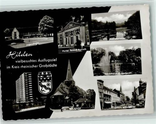 Hilden Jugendheim Portal Schloß Benrath Seerosenteich Gondelteich im Stadtwald Untere Mittelstraße Ref. Kirche Wohnhochhaus Wappen