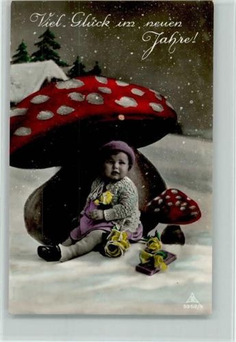1920 Photochemie Serie 5952-4 Neujahr - es scnneit - Kleinkind sitzt unter einem Pilz, handcoloriert