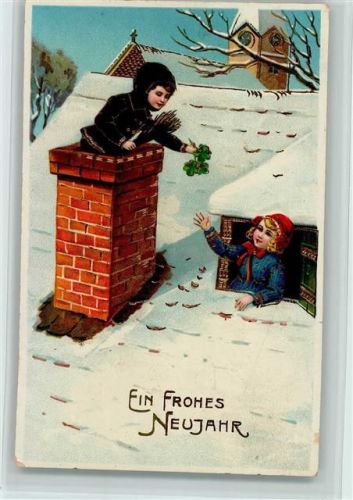 1912 Neujahr - Schornsteinfeger auf dem Dach überreicht Glücksklee an ein Mädchen AK
