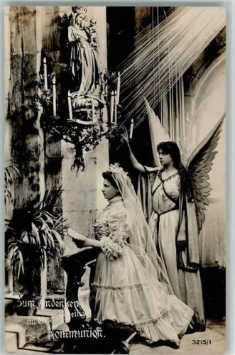 Braut am Altar, Schutzengel - Serie 3215-1 AK Kommunion 1908 Fotomontage AK