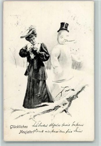 1905 Neujahr - Frau mit einem Ferkel u. Schneemann AK