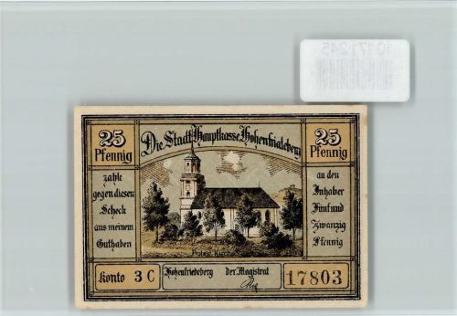 Hohenfriedeberg Notgeldschein Prot. Kirche 25 Pfennig