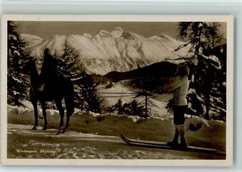 1930 Wintersport - Skijöring - Pferd zieht den Skifahrer