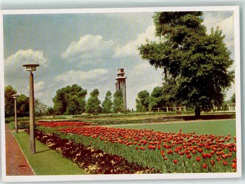 Essen 1952 Gruga Großer Blumenhof mit Aussichtsturm