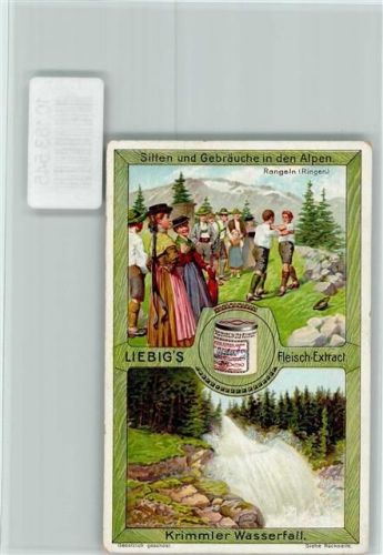 Liebig Sammelbid - Sitten und Gebräuche in den Alpen - Ringen , Rangeln , Krimmer Wasserfall