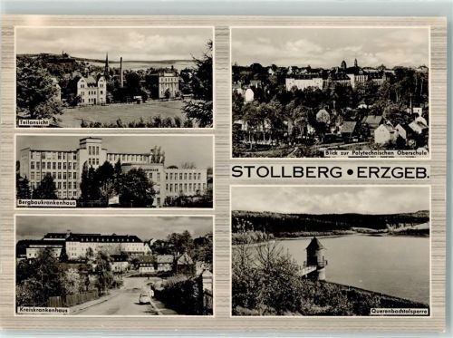 Stollberg Bergbaukrankenhaus Kreiskrankenhaus Blick zur Polytechnischen Oberschule Querenbachtalsperre Rückseite mit Abschürfungen bzw Kleberesten