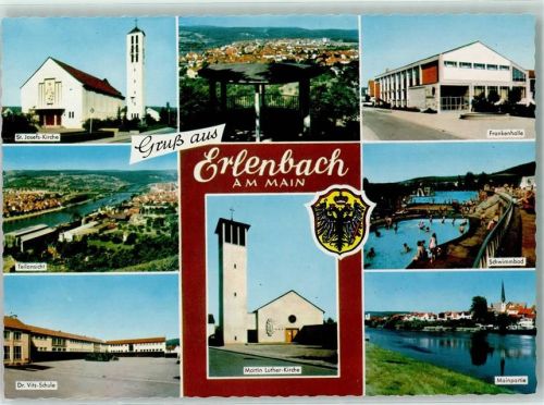 Erlenbach St. Josefs-Kirche Dr. Vits-Schule Martin Luther-Kirche Frankenhalle Schwimmbad Mainpartie Rückseite mit Abschürfungen bzw Kleberesten