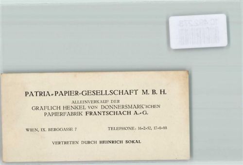 Wien Visitenkarte Patria-Papier Gesellschaft mbH Heinrich Sokal