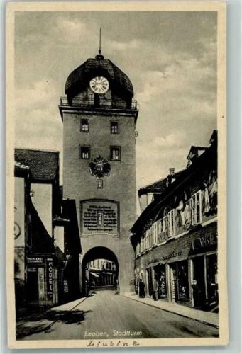 Leoben Stadtturm Ladenstraße Uhr Wappen