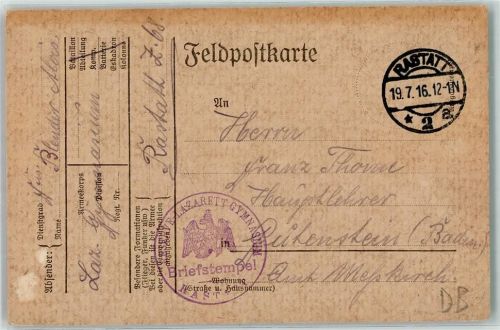 Rastatt 1916 WK I Lazarettstempel Reserve-Lazarett Gymnasium