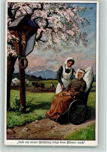 Nr. 3029 WK I Verwundeter im Rollstuhl, Krankenschwester