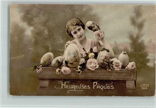 Heureuses Paques - Frau mit Ostereier zum Aufklappen - Verlag A. Noyer