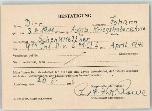 Bestätigung Beschäftigung als Schenkkellner bei 9th Inf. Div. EMCI 1946