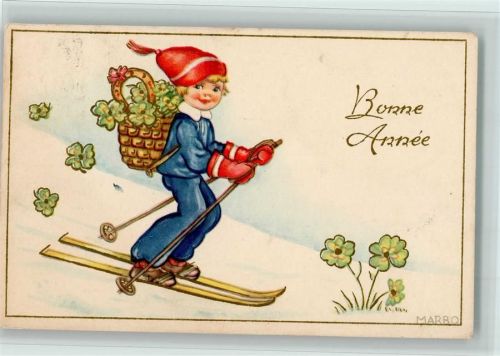 1949 Neujahr, Bonne Annee - sign Marbo - Kind mit Ski und Hufeisen AK