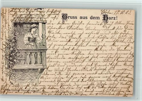 1903 Federzeichnung - Frau mit einem Vogelkäfige auf dem Balkon AK