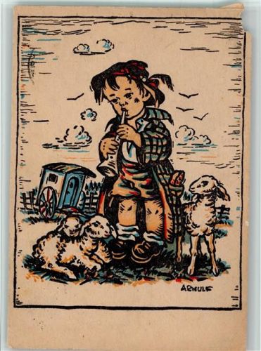 1949 sign Arnulf - Kind mit einer Flöte - Kunstverlag Dennoch - beschädigt