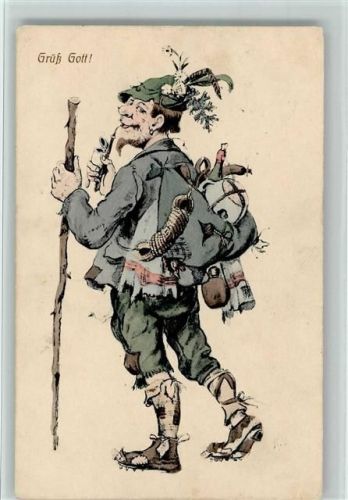 1911 Grüß Gott - Vagabund mit Rucksack und Wanderstock AK