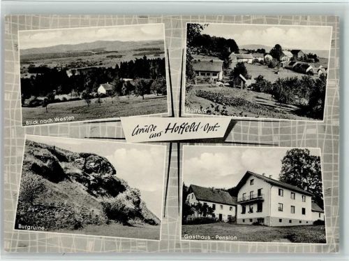 Hoffeld Blick nach Westen Ortsansicht Burgruine Gasthaus Pension Schneider 4-Bildaufnahme