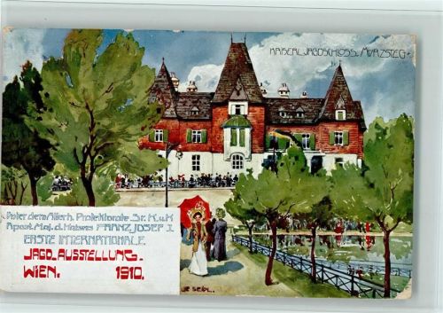 Wien Kaiserl. Jasgdschloss - 1. Int. Jagdausstellung 1910 AK Schürfstellen am Rand, I AK