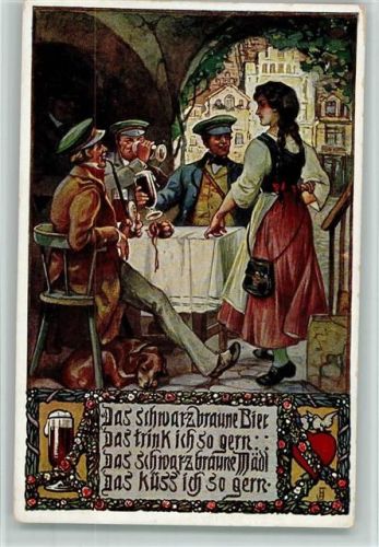 Nr. 6 Volksliederkarten - Studenten, Bier trinken , Kellnerin AK