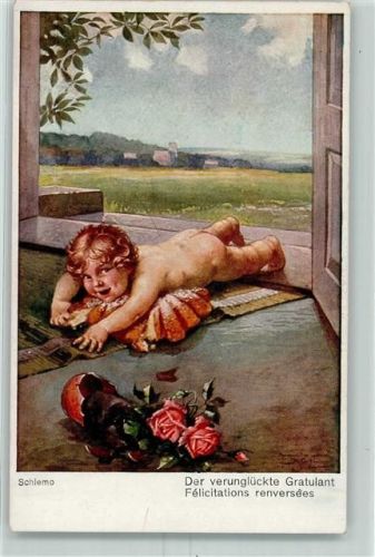 Münchener Kunst 406 Baby Gratulant verunglückt Kuchen AK