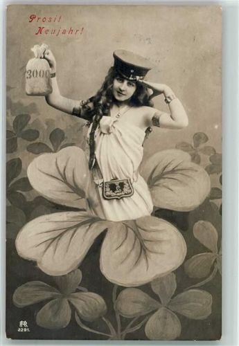 1907 Neujahr Frau kommt aus dem Kleeblatt
