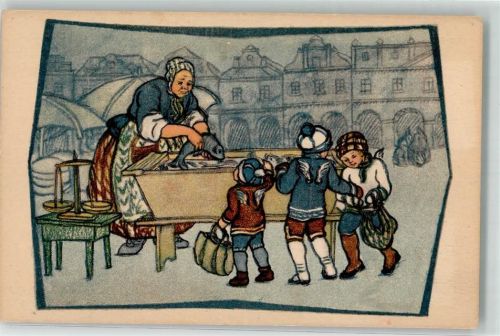 Marktszene Fischverkäuferin Waage Kinder Vesele Vanoce sign. J. Austecke