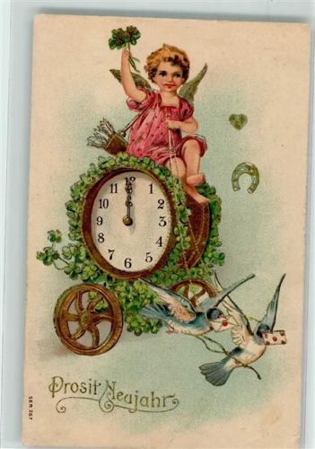 1907 Amor sitzt auf Wagen in Form einer Uhr der von Tauben gezogen wird Hufeisen Glücksklee Lithographie