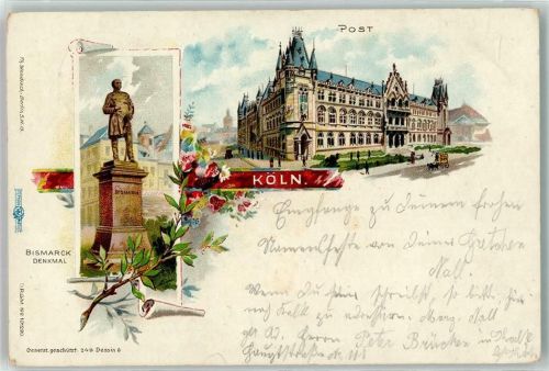 50667 W5000 Köln Kalk 802 Lithographie Postgebäude Bismarck-Denkmal Ort lt. Stempel