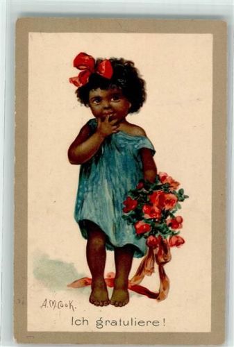 1921 sign. A.M. Cook Ich gratuliere Mädchen mit Rosen