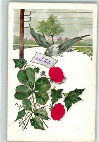 1906 mit echt Stoff Applikation Glücksklee Efeu Telegraphenmast