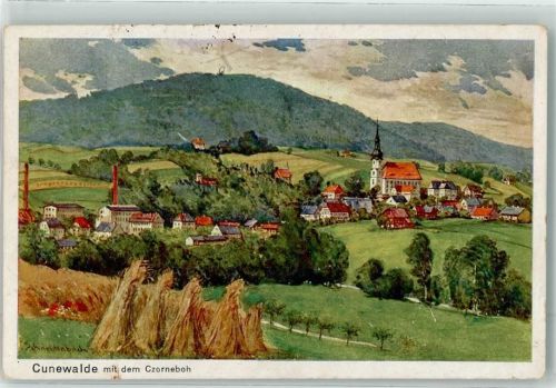 Cunewalde 1922 mit Dorfkirche und Czorneboh Stempel Aquarell sign. Schneidenbach