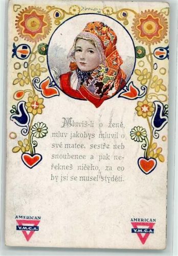 1913 sign. Margold Junge Frau mit Kopftuch Blumen Herz Wenn du über eine Frau redest wie über den Verlobten der Schwester deiner Mutter und dann sagst du nichts wofür du dich schämen musst YMCA