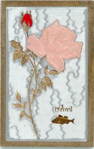 1906 - 1910 Rose mit echt Stoff applikation Fisch Golddruck Passepartout