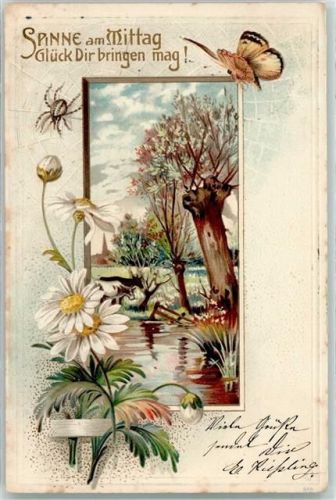 1901 Weiden an einem Bach Schmetterling Blumen Lithographie Spinne am Mittag Glück dir bringen mag!